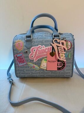 Juicy Couture Light Blue Patchwork Logo Satchel with Pink Accent Charm